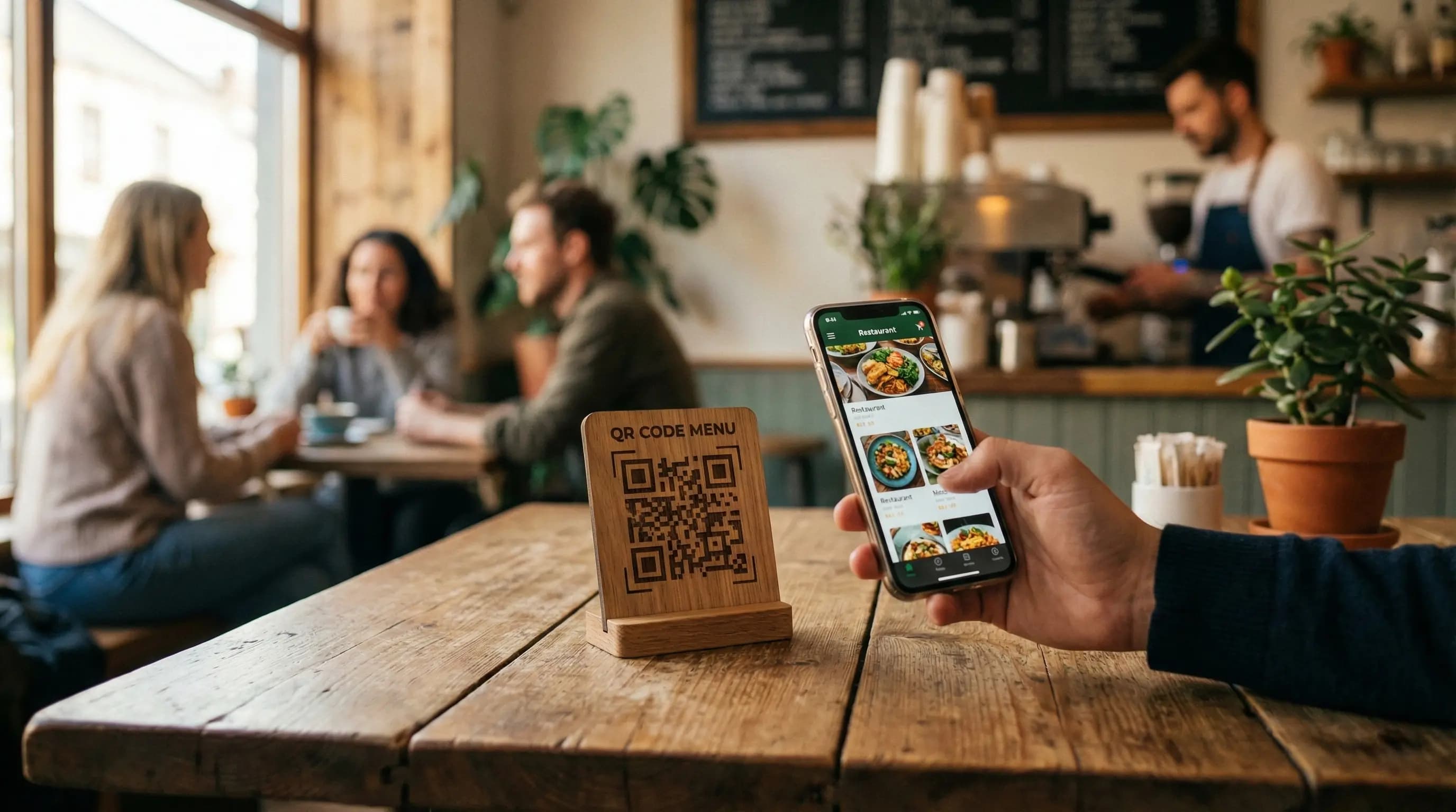 A smartphone scanning a QR code on a wooden table tent in a cozy small restaurant setting, illustrating the answer to what are the best QR menu services for small restaurants.