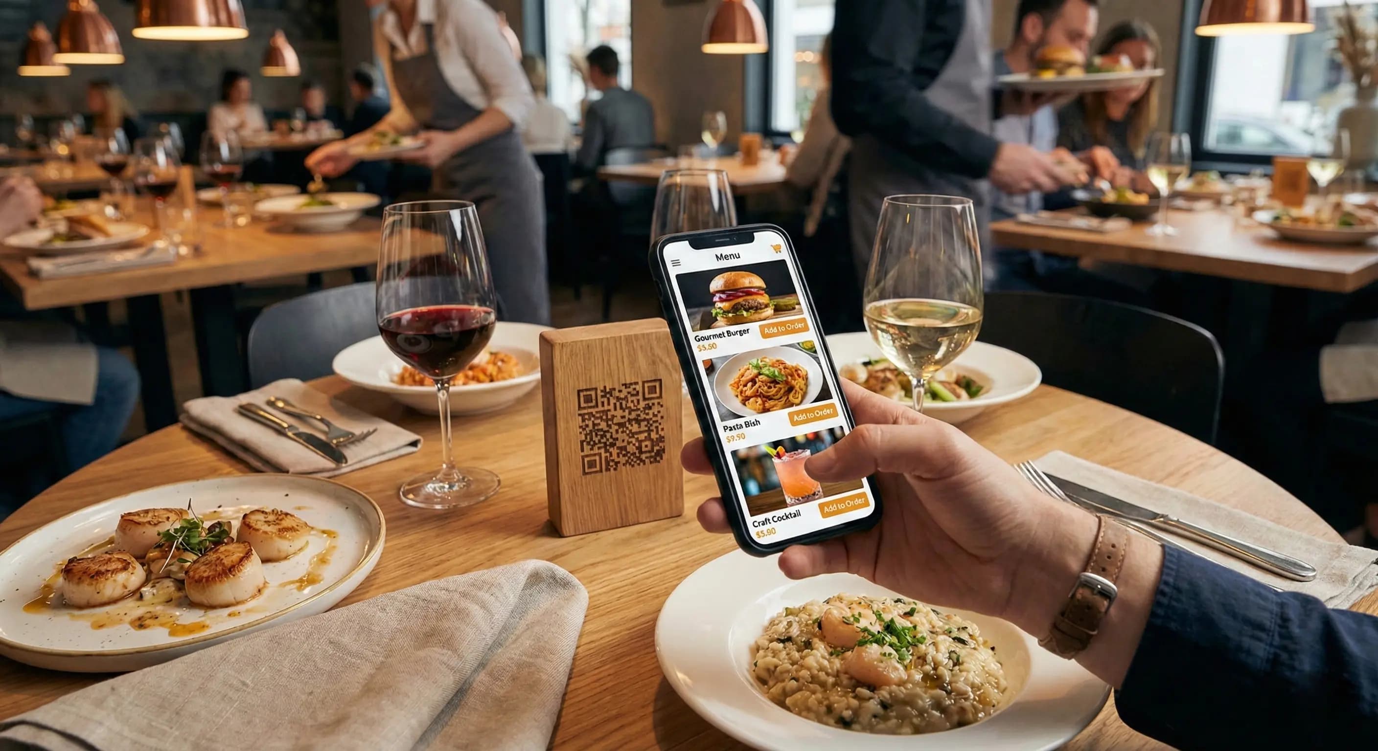 A table setting in a modern restaurant featuring a smartphone scanning a QR code on a wooden block, demonstrating how 5 ways a contactless menu increases your restaurant's revenue.