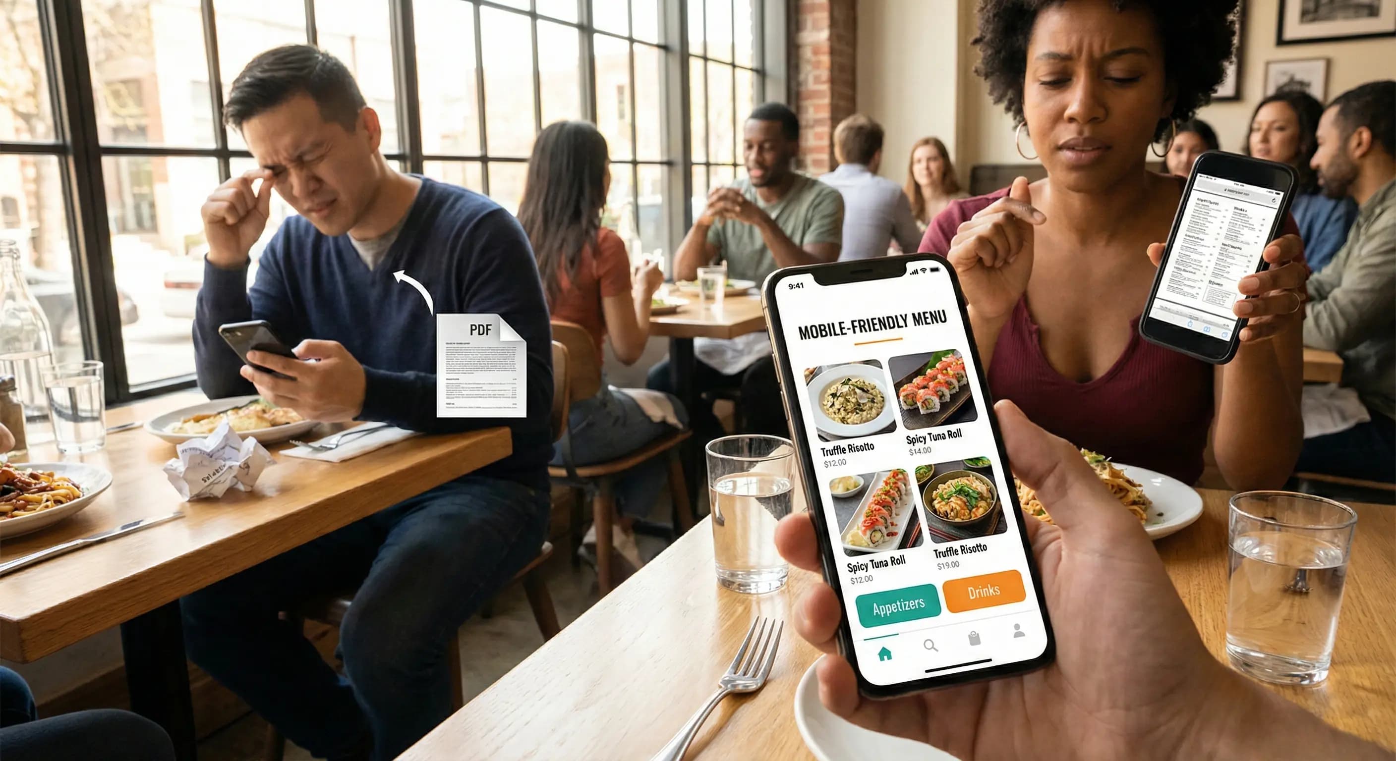 A side-by-side comparison on a restaurant table showing a frustrated customer pinching a phone screen to read a static PDF menu versus a happy customer easily scrolling through a vibrant, mobile-friendly digital menu in 2026.