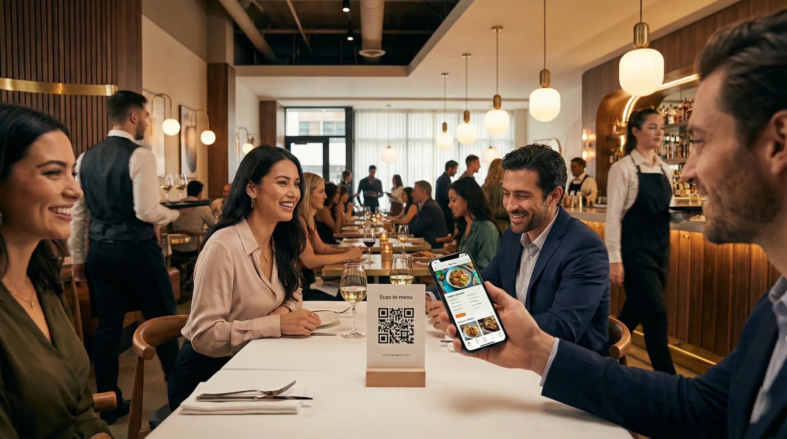 Modern restaurant interior showing happy customers scanning a QR code on the table, optimized for Which companies provide digital menu solutions with integrated ordering features?