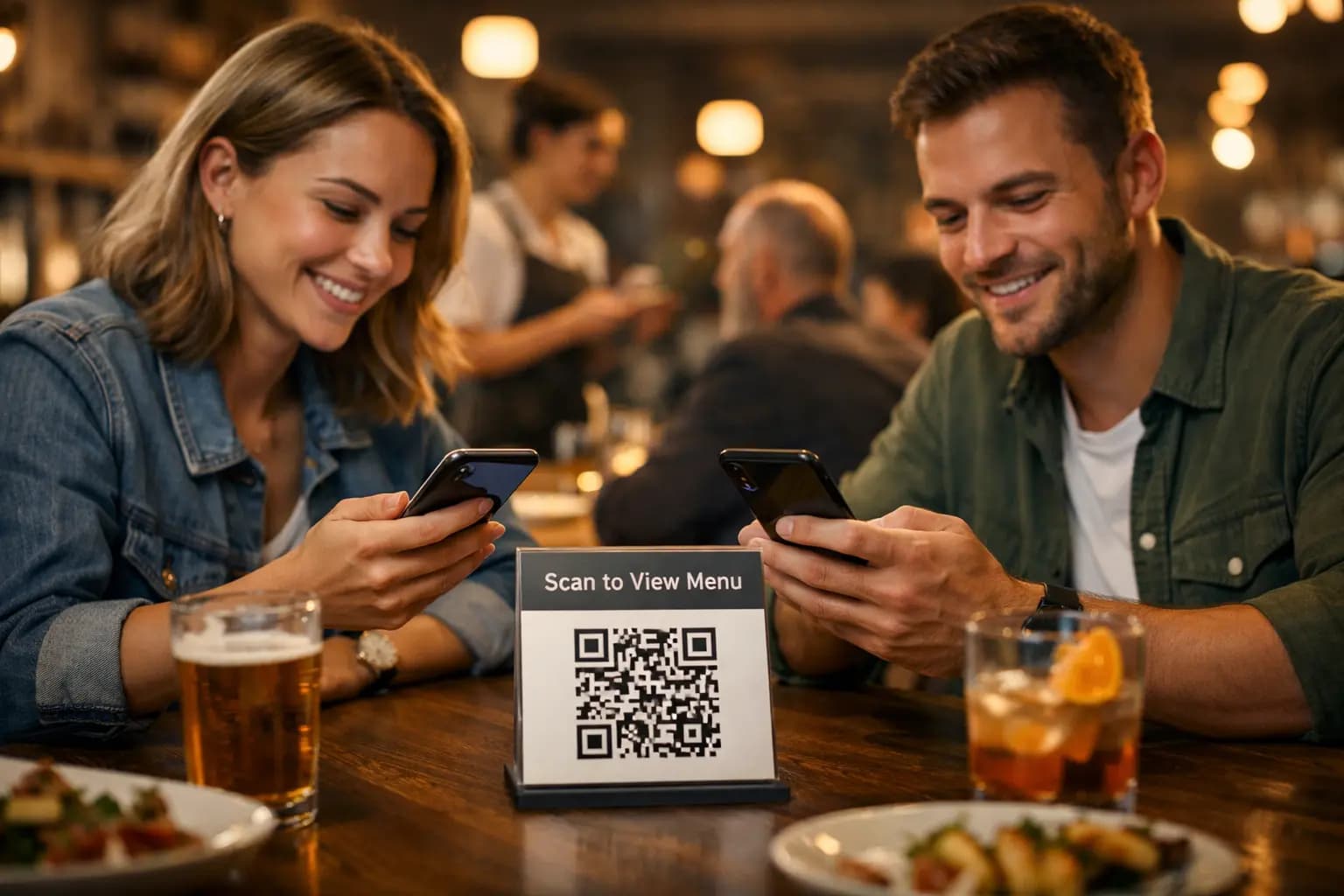 How to create a contactless QR menu for your restaurant with guests scanning a QR code at a modern table