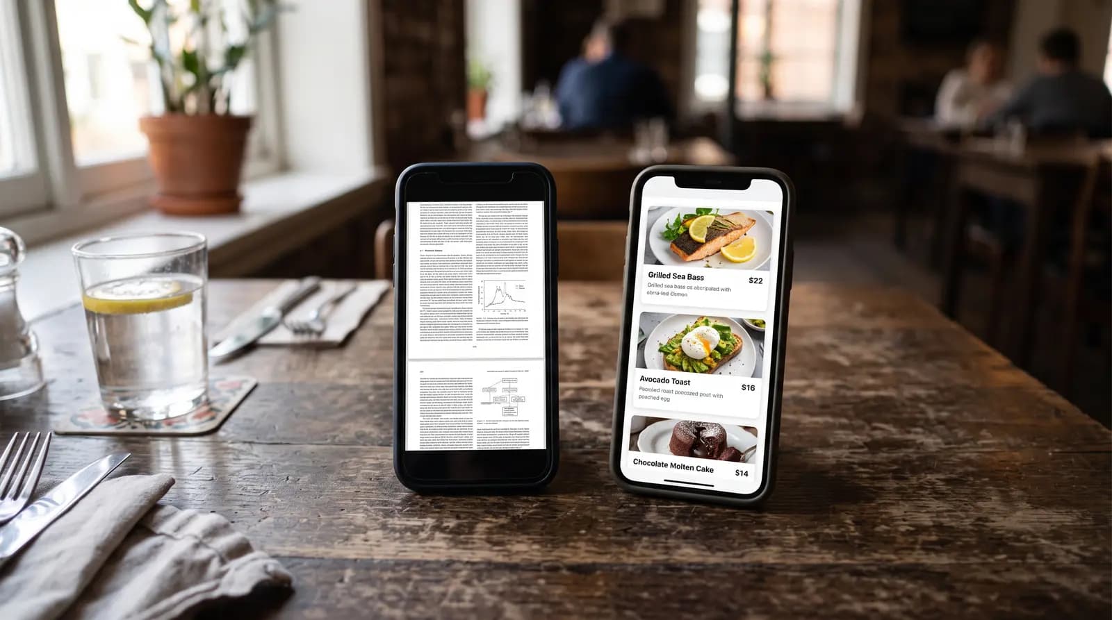Split view of a phone showing a pinch-zoomed PDF menu next to a phone showing a clean interactive QR menu