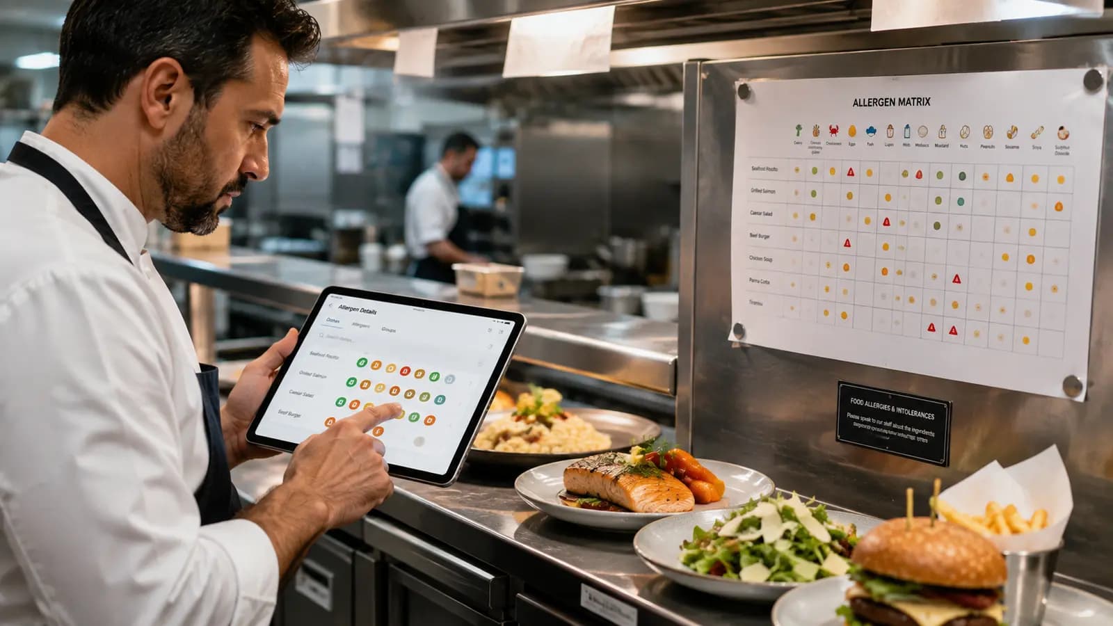 Chef reviewing allergen tags for the 14 EU allergens on a digital restaurant menu