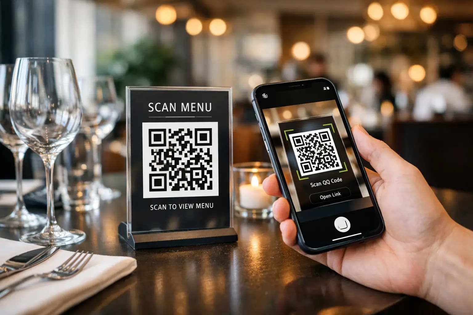 Restaurant table with smartphone scanning QR code menu for best free QR code maker comparison