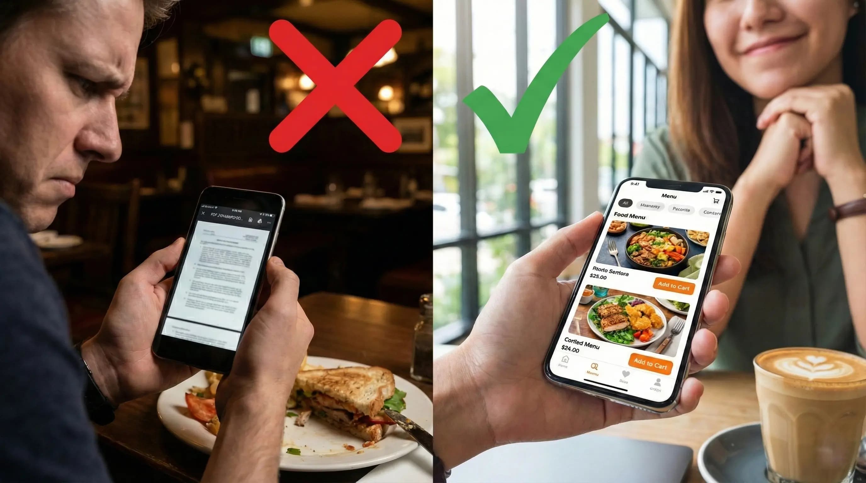 A side-by-side comparison of a frustrated user zooming into a PDF menu on a phone versus a happy user scrolling through a sleek digital QR code menu.