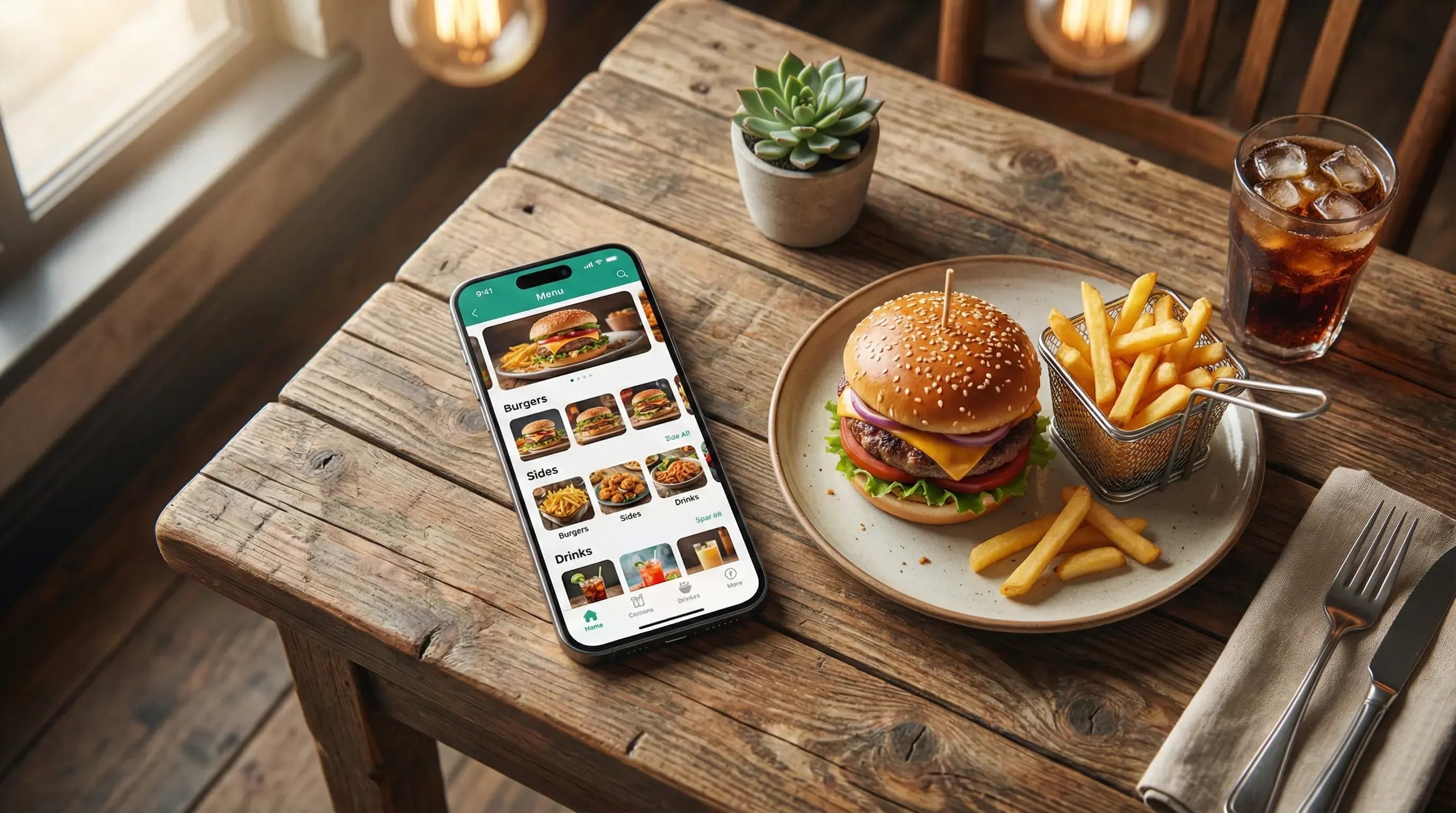 Smartphone displaying a digital restaurant menu created with a menu creator online free tool, next to a delicious burger on a wooden table.
