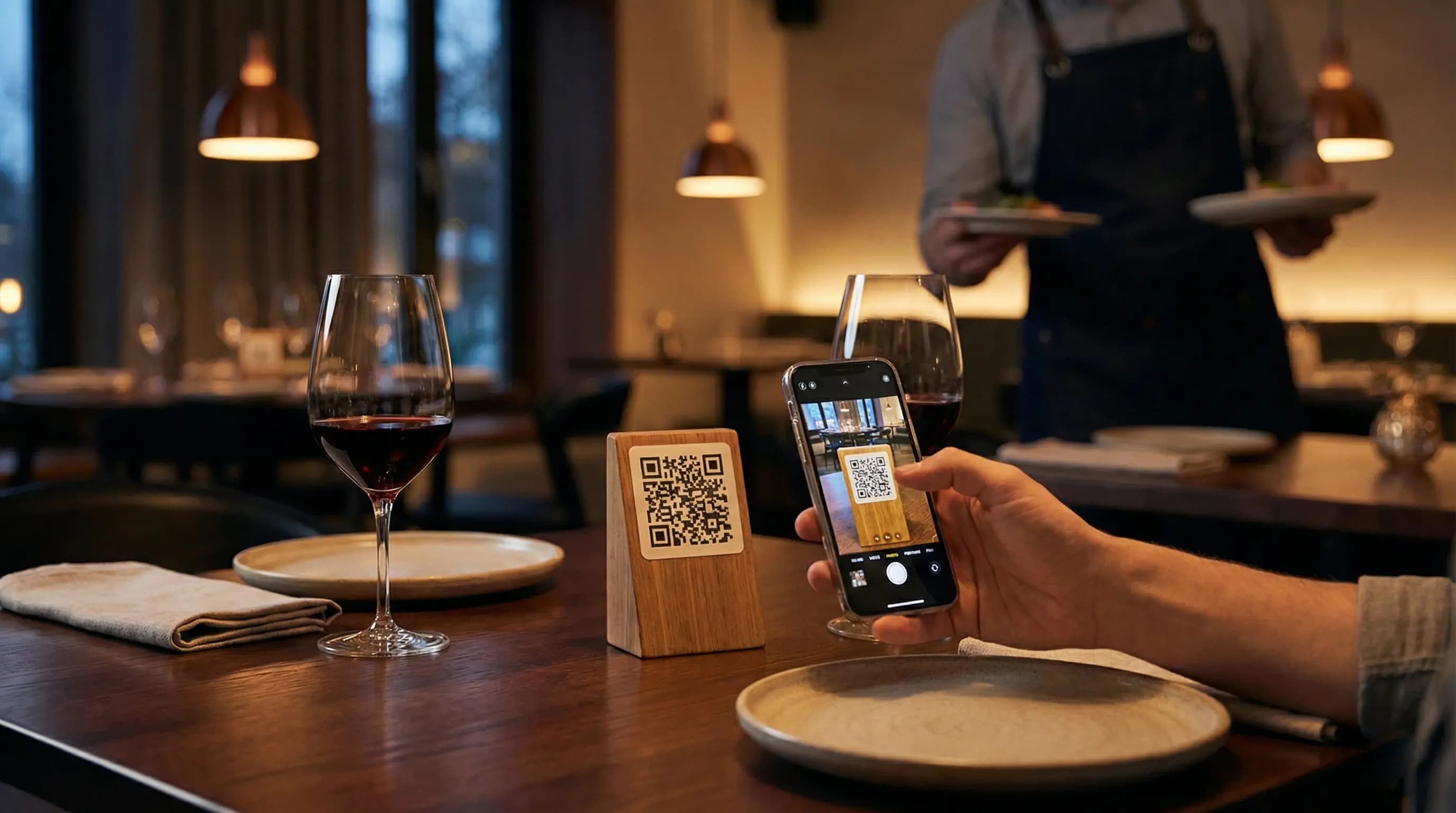 A modern restaurant table with a smartphone scanning a QR code stand, overlay text: Stop Printing Paper Menus: How Much Can You Save Annually?