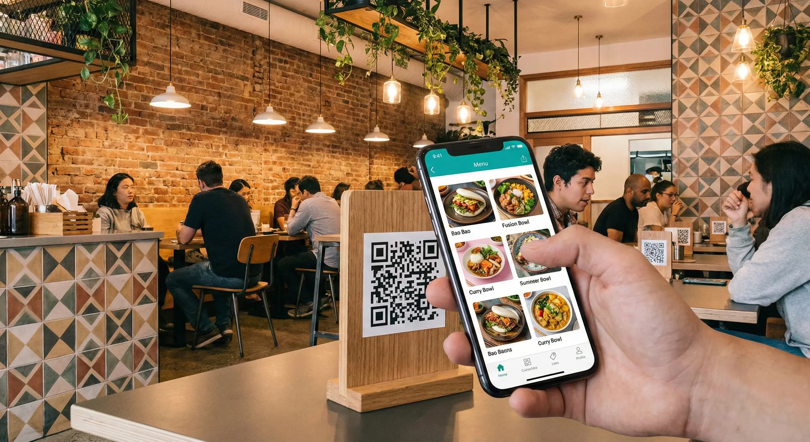 A modern smartphone scanning a QR code on a wooden table in a bustling east cafe restaurant setting, displaying a vibrant digital menu.