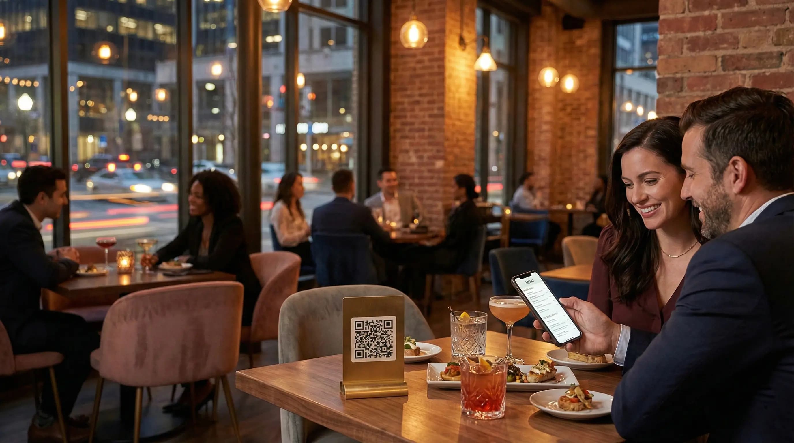 Elegant evening atmosphere in a downtown restaurant and lounge with patrons looking at digital menus on their phones.