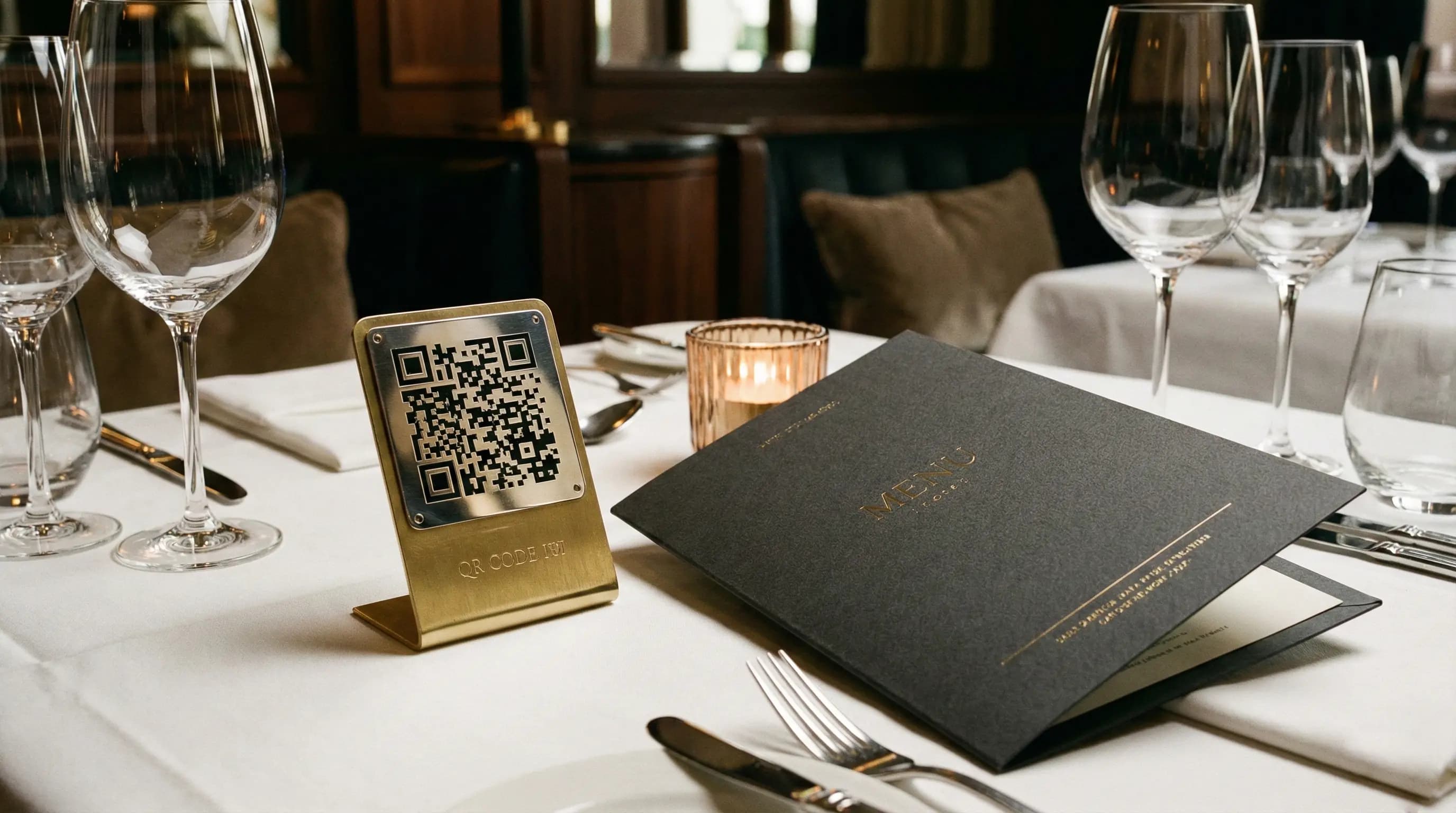 A close-up photograph of an elegant, leather-bound luxury restaurant menu alongside a polished brass QR code stand on a fine dining table setting.