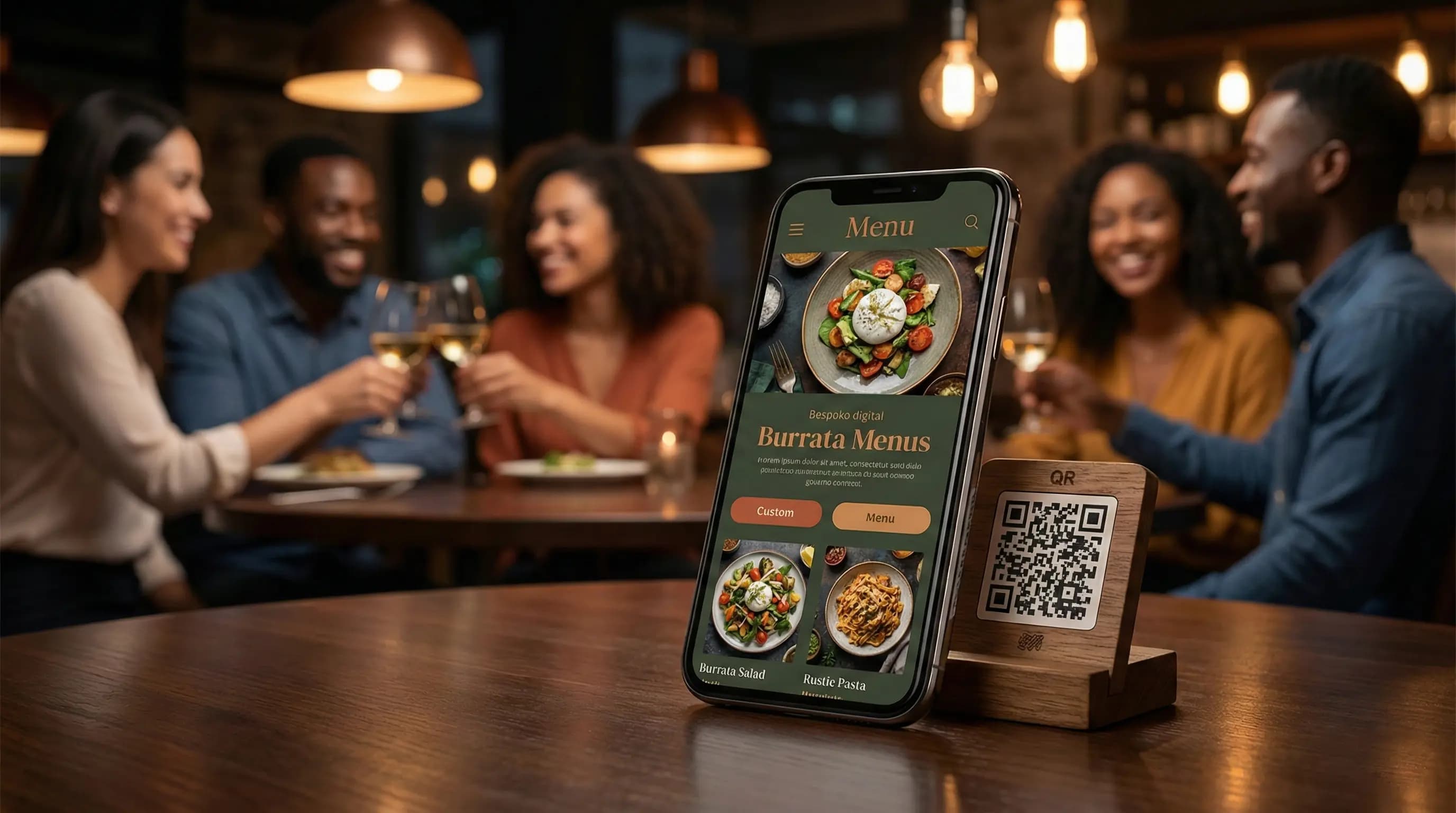 A sleek, modern smartphone displaying a fully customized, branded digital restaurant menu in a high-end dining setting.