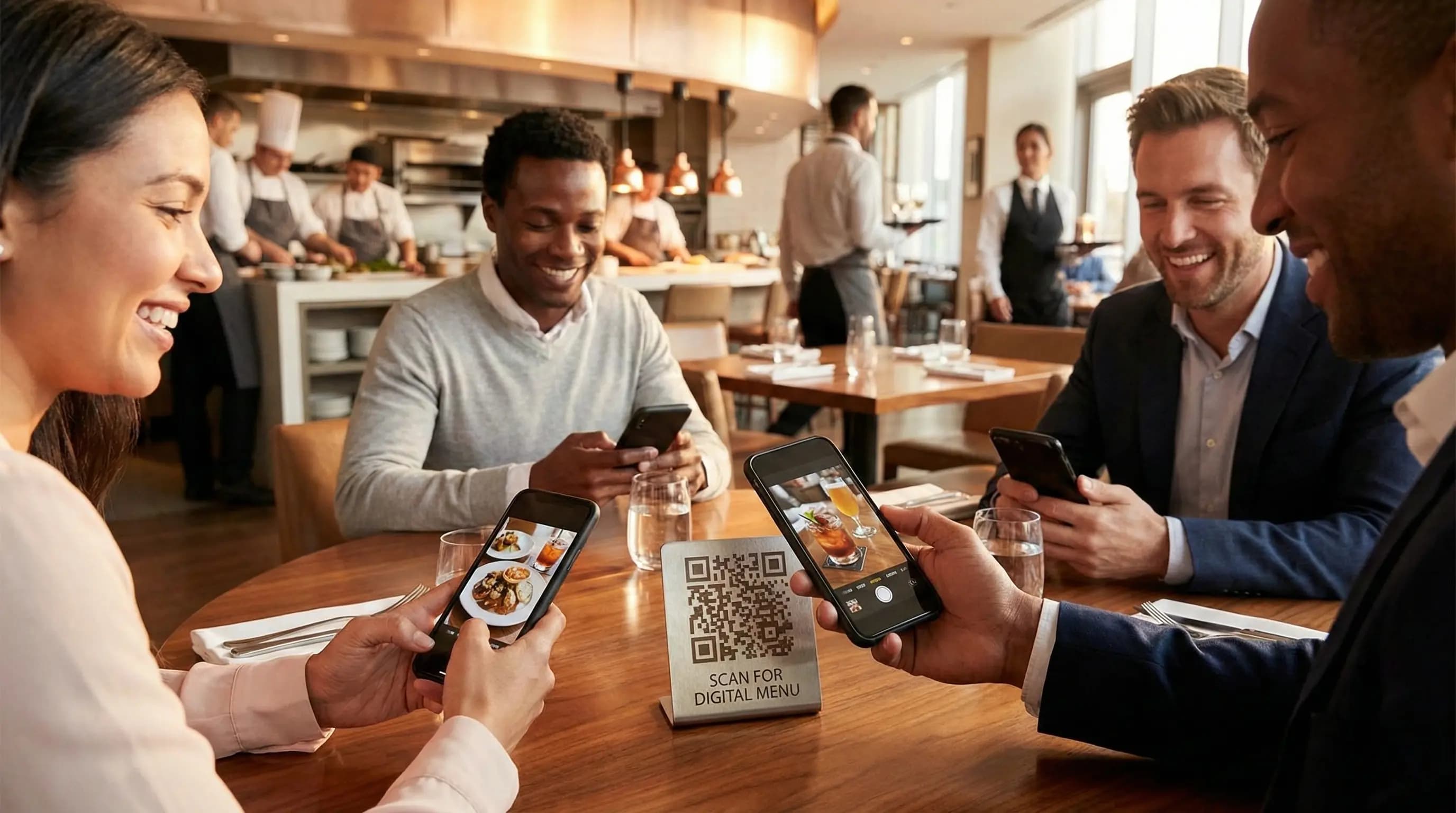 A modern, bustling small restaurant setting where customers scan QR codes on wooden tables, illustrating what digital menu providers offer subscription plans for small restaurants.