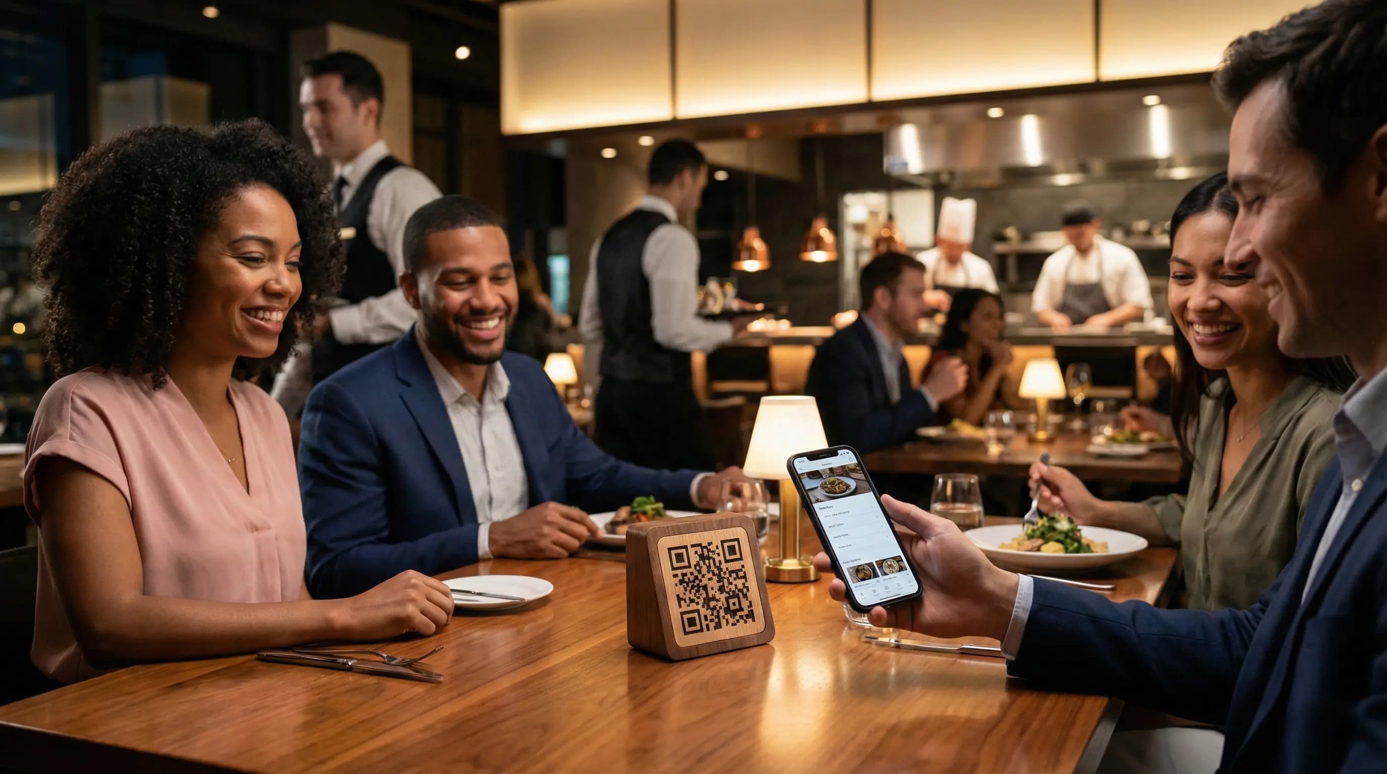 Close up of a smartphone scanning a QR code on a wooden table in a busy restaurant, displaying a digital menu with the text Which digital menu services include real-time menu updates