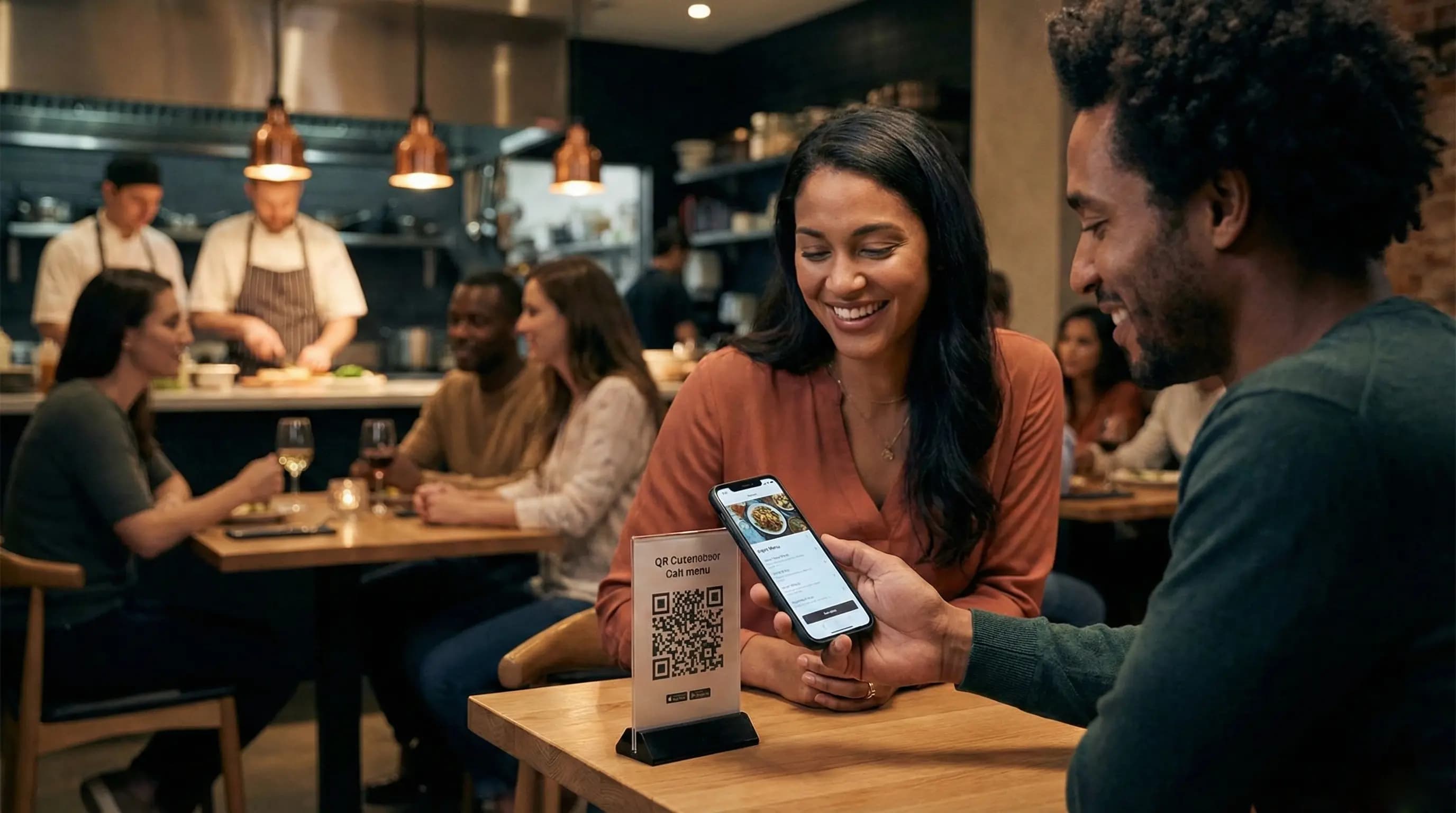 Customers in a modern restaurant scanning a QR code with a smartphone to view a digital menu optimized for mobile devices