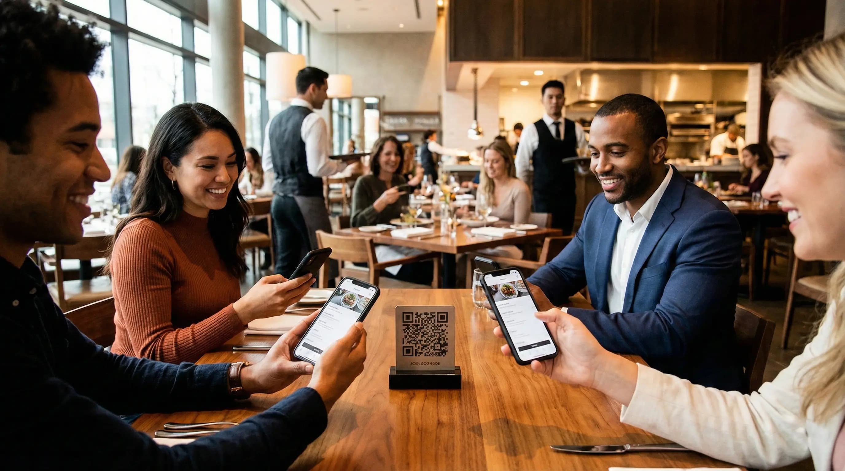A modern restaurant table featuring a stylish wooden stand with a QR code menu being scanned by a smartphone.