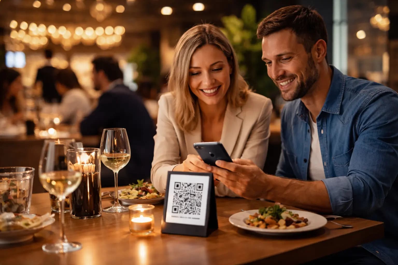 Making your restaurant menu accessible with a QR menu on a table in a modern restaurant as guests scan the QR code
