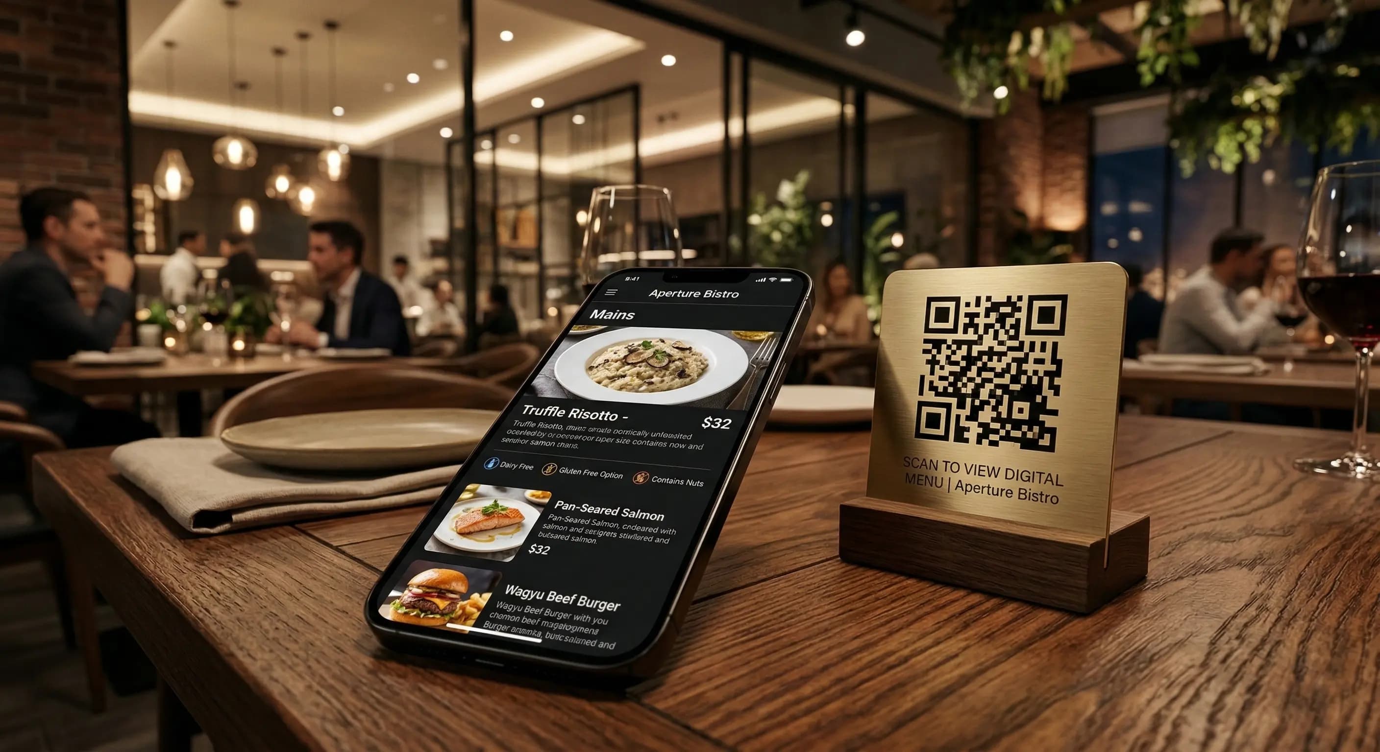 A modern restaurant table with a smartphone scanning a digital allergen menu QR code for EU compliance